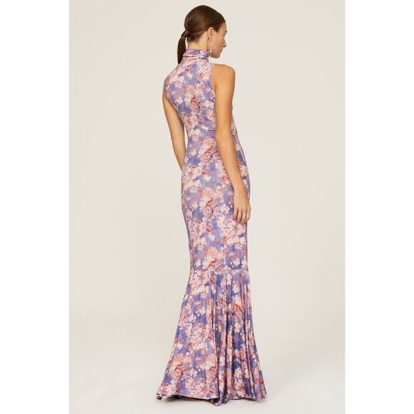 CAROLINE CONSTAS Blue Floral Mock Neck Sleeveless Trumpet Brigitta Gown Size M - Picture 3 of 15